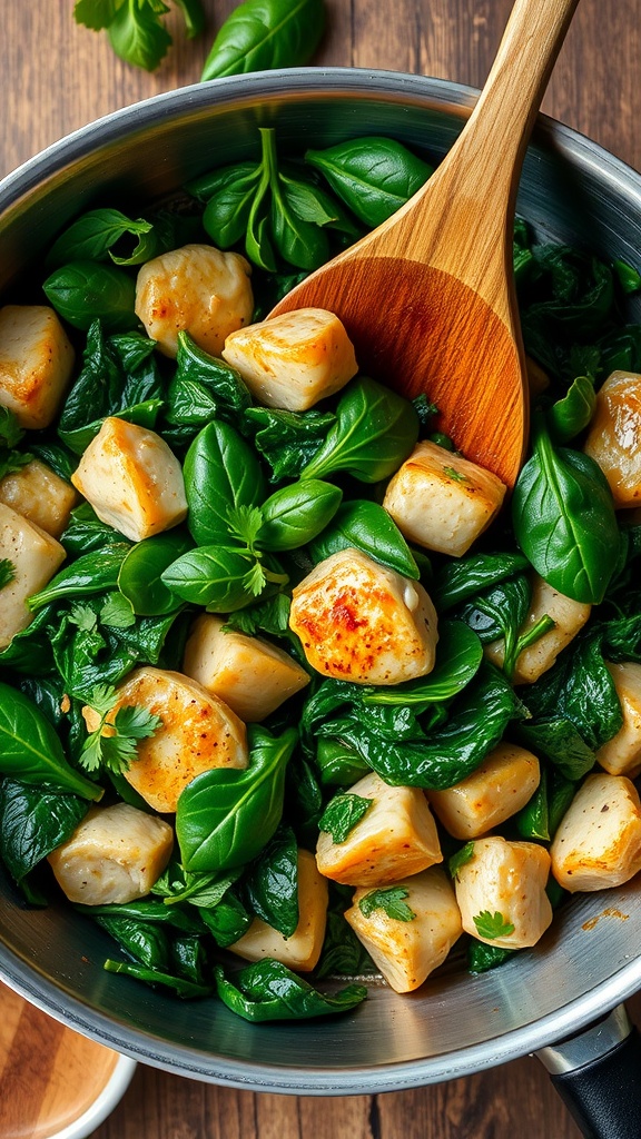 Whole30 chicken and spinach skillet with parsley on a rustic table.